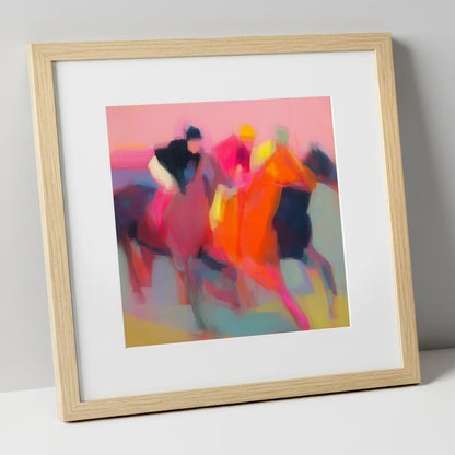 Vibrant Furlong racing horse art print in natural frame
