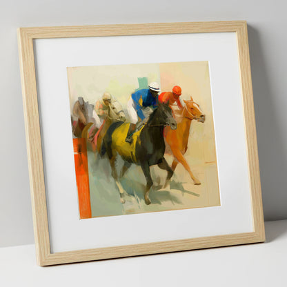 Colours of the Turf racing horse art print in natural frame