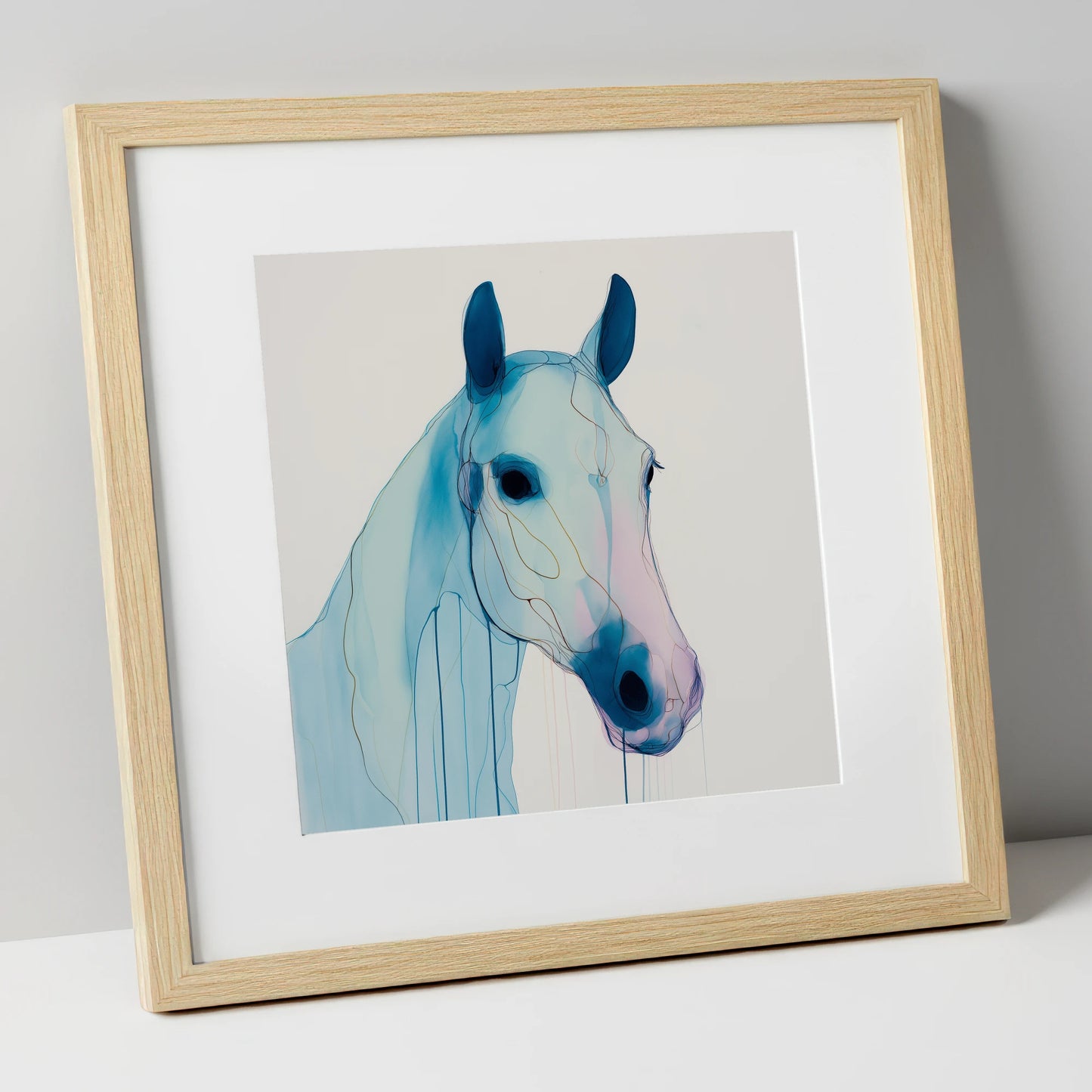 Ethereal Azure Equine horse portrait art print in natural frame