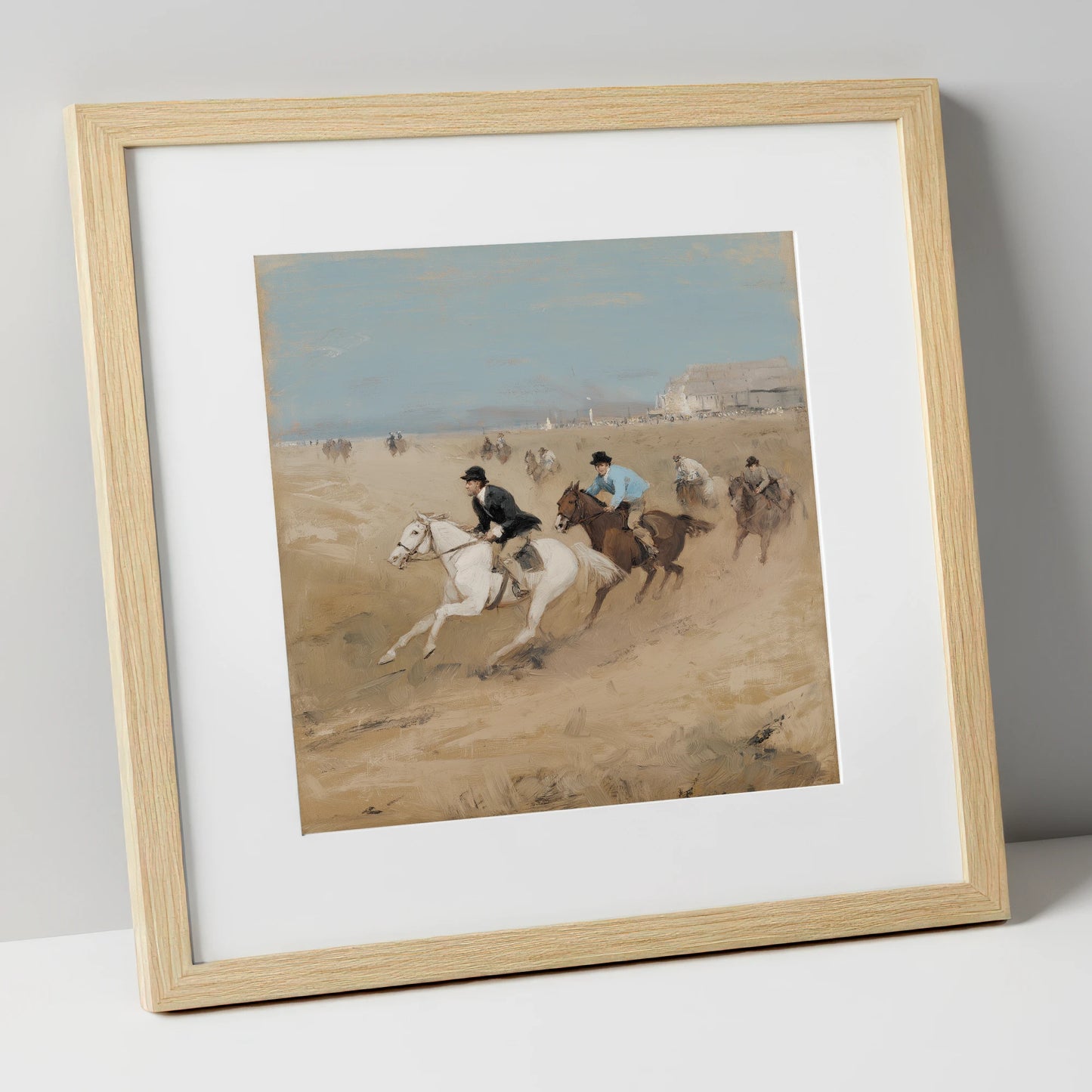 Galloping on the Sands racing horse art print in natural frame