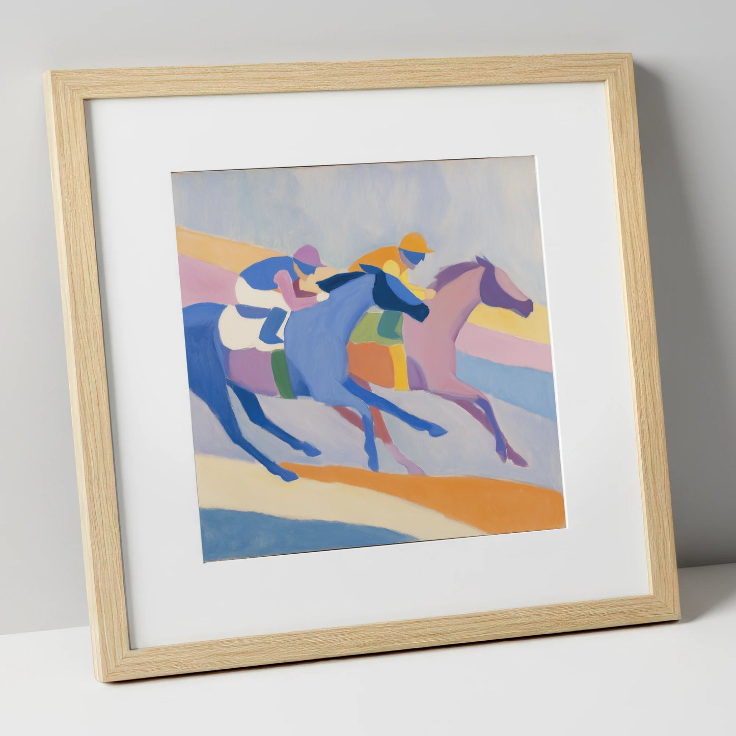Modern Pastel Gallop racing horse art print in natural frame