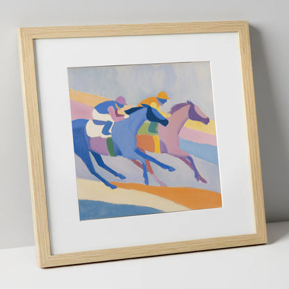 Modern Pastel Gallop racing horse art print in natural frame