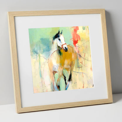 Abstract Paddock Spirit racing horse art print in natural frame