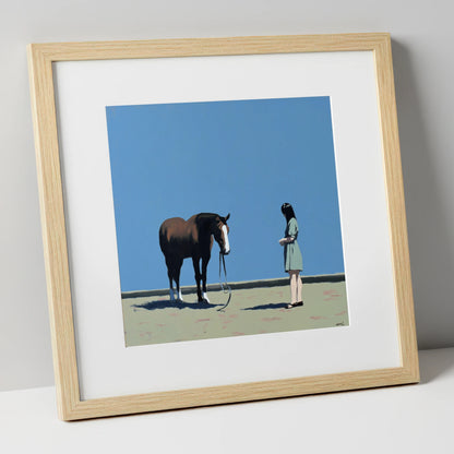 The Quiet Exchange horse & rider art print in natural frame