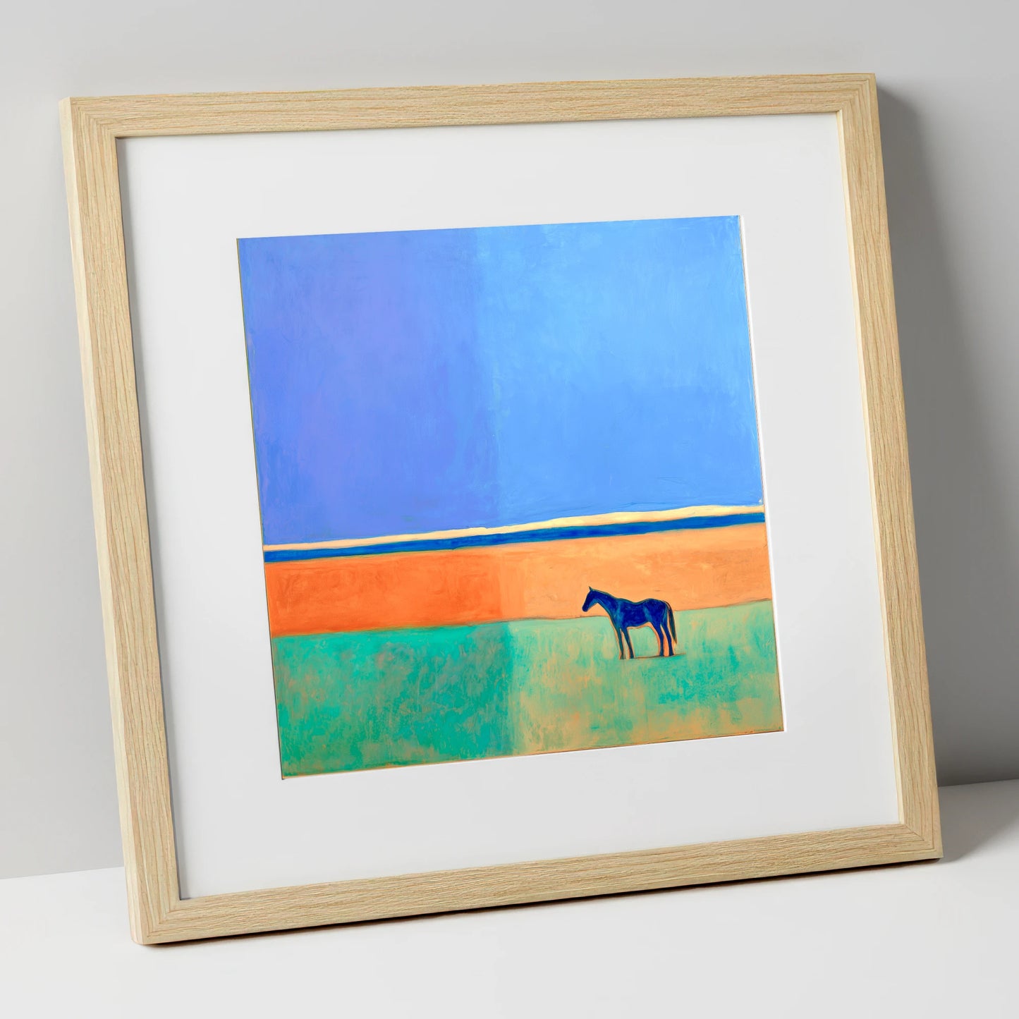 Cobalt Horizon horse landscape art print in natural frame