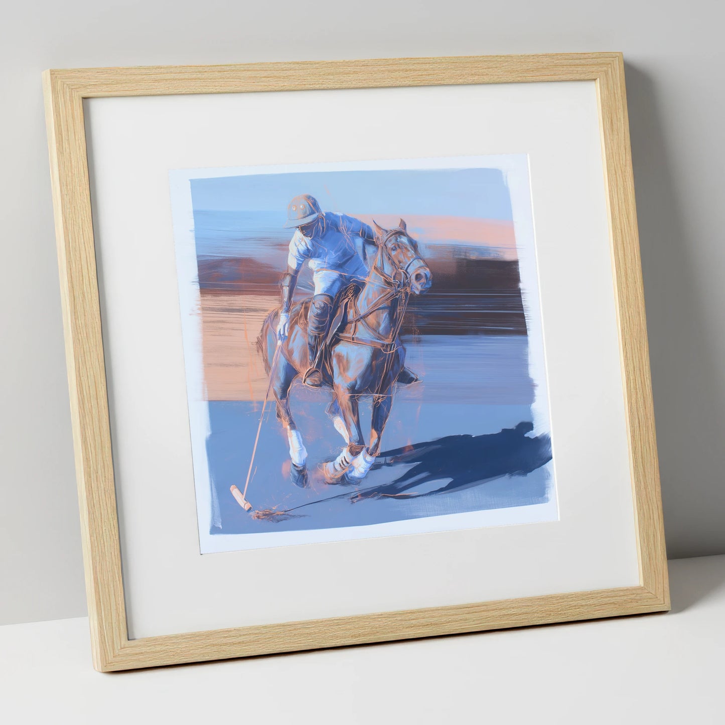 The Cobalt Chukka polo horse art print in natural frame