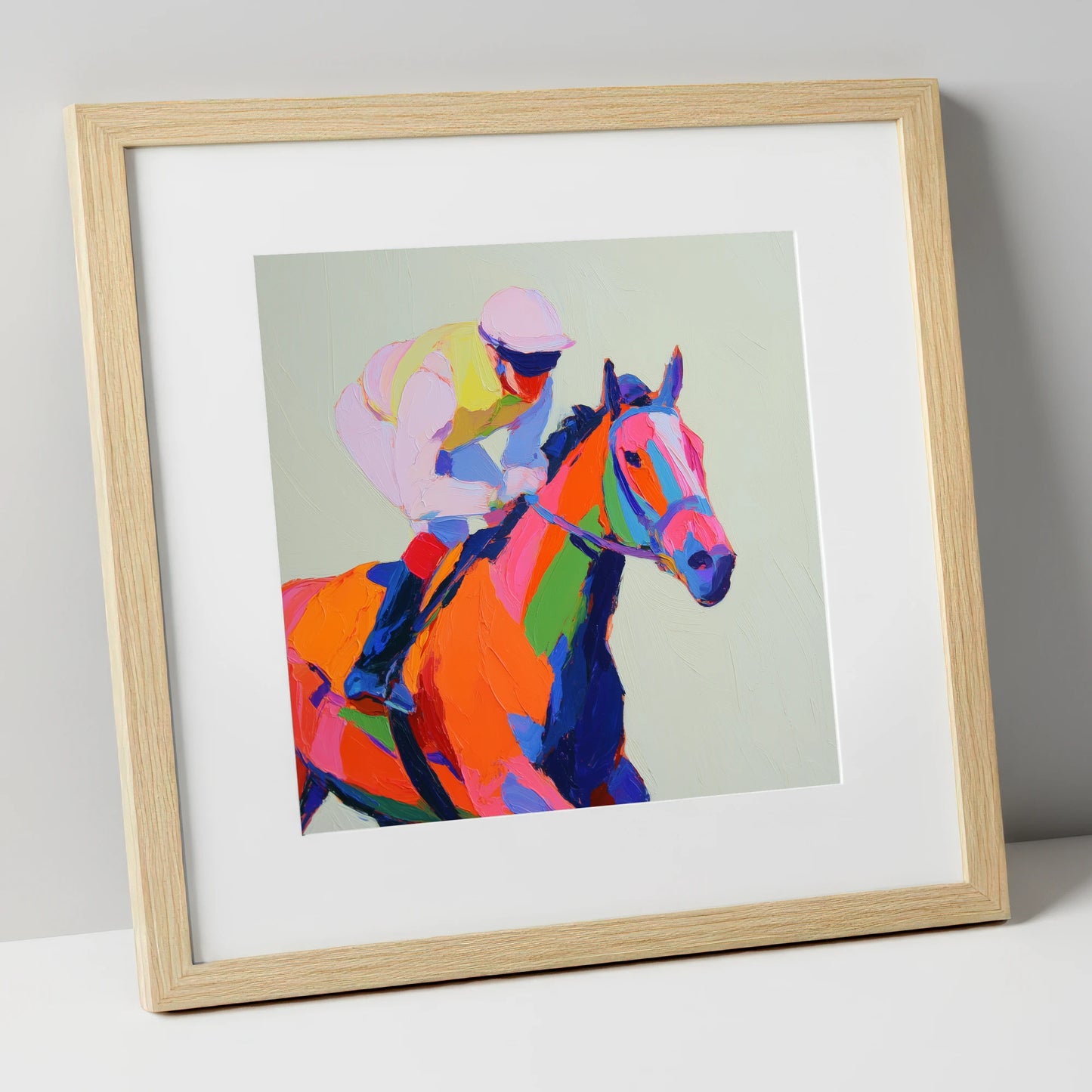 Vibrant Final Furlong racing horse art print in natural frame