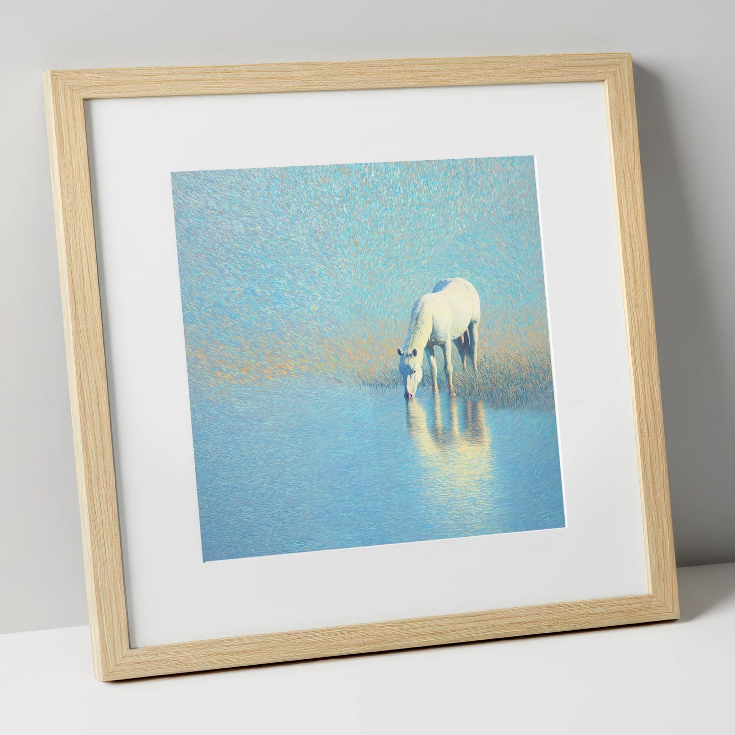 Luminous Waters horse landscape art print in natural frame