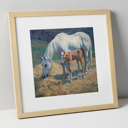 Sunlit Grey and Foal mare & foal art print in natural frame