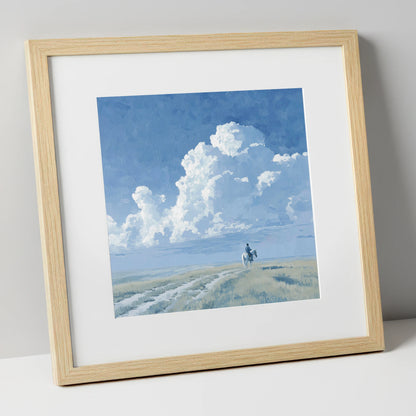 Vast Blue Horizon horse landscape art print in natural frame