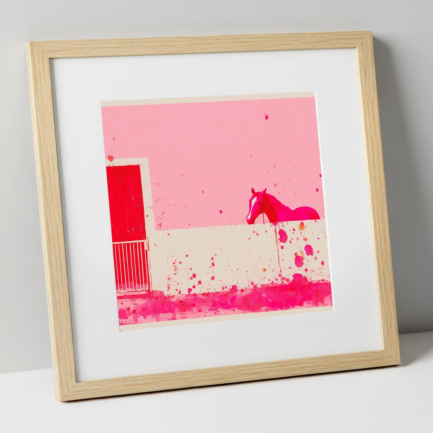 Crimson Doorway horse stable art print in natural frame