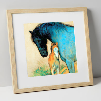 Vivid Devotion mare & foal art print in natural frame