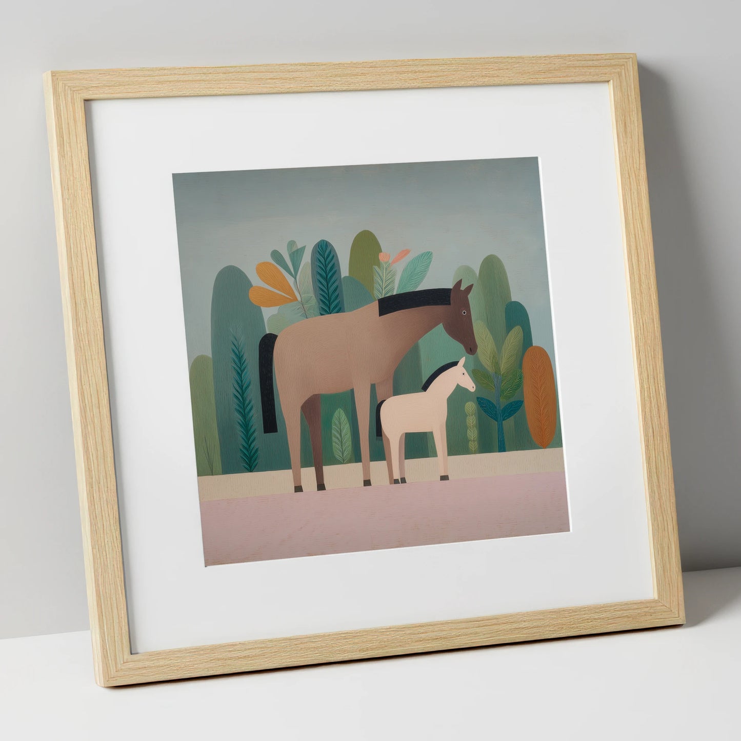 Tranquil Grove mare & foal art print in natural frame