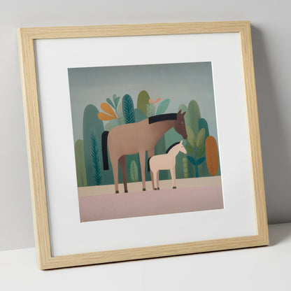 Tranquil Grove mare & foal art print in natural frame