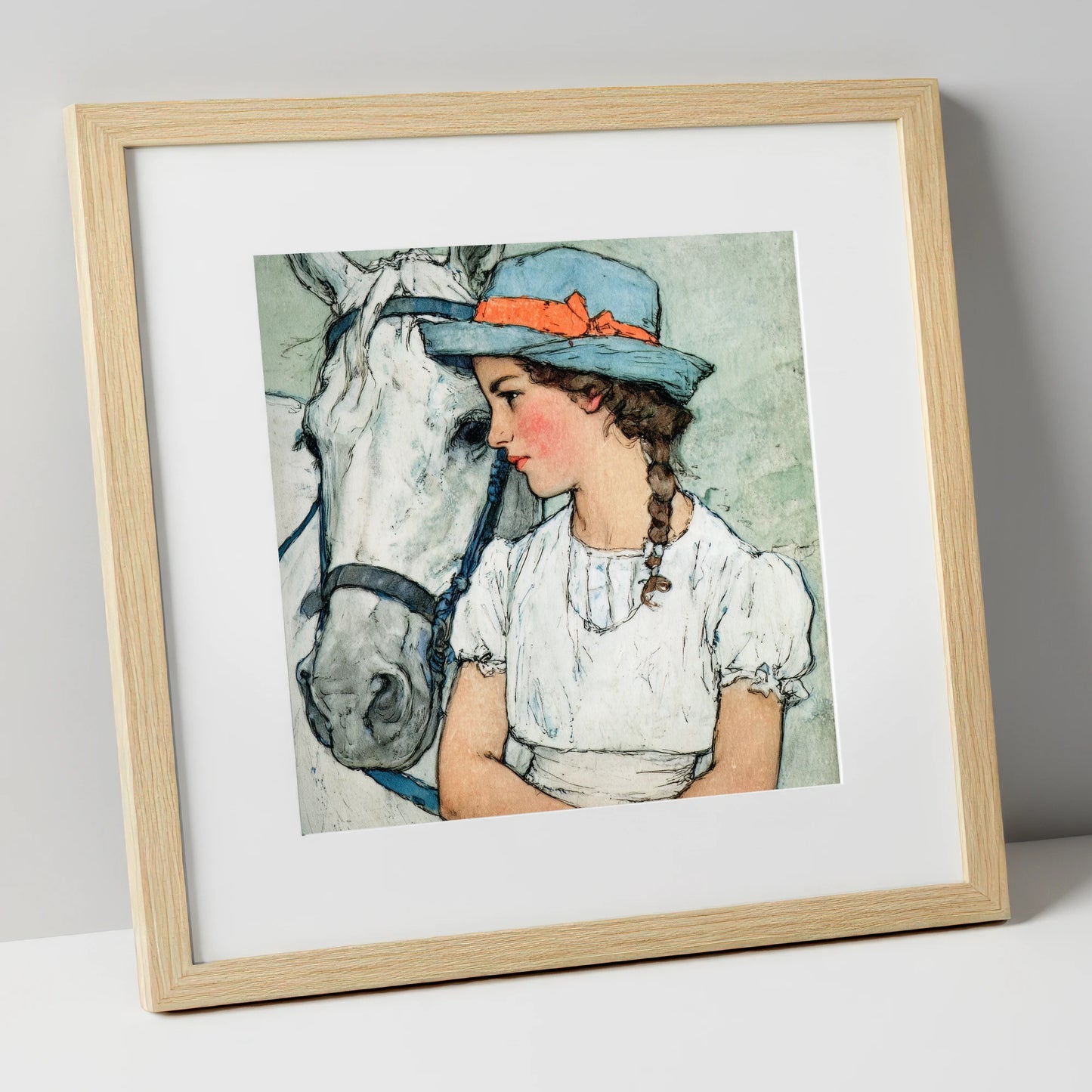 A Quiet Bond horse & rider art print in natural frame