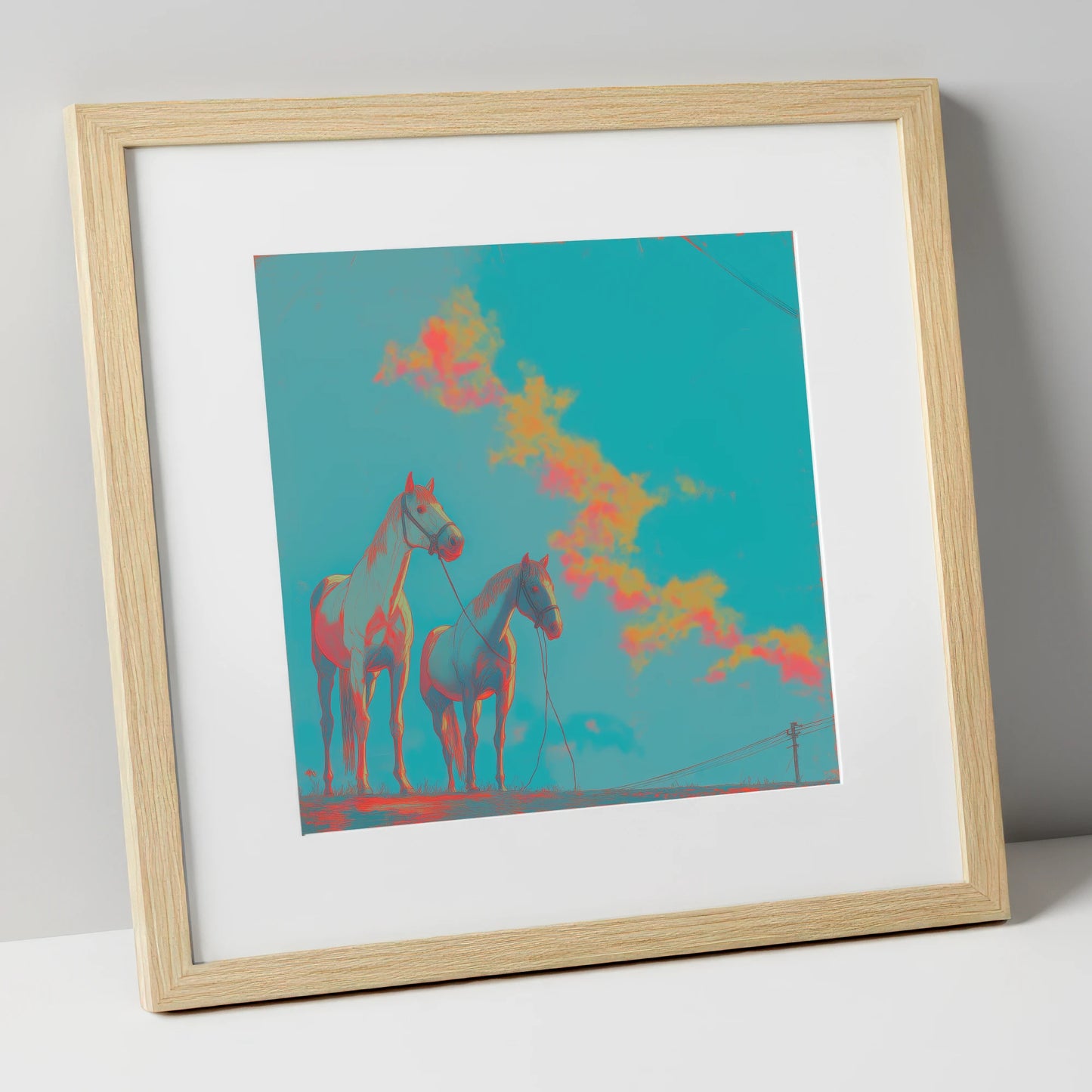 Electric Cyan Skies horse landscape art print in natural frame