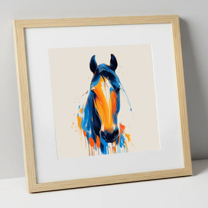 Cobalt and Sienna Spirit horse portrait art print in natural frame