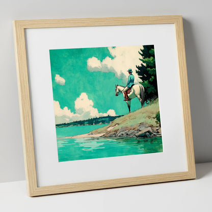 Teal Waters Vantage beach horse art print in natural frame