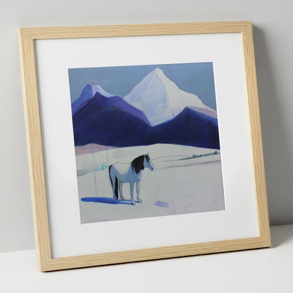 Alpine Silence horse landscape art print in natural frame