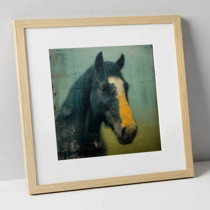 The Golden Blaze horse portrait art print in natural frame