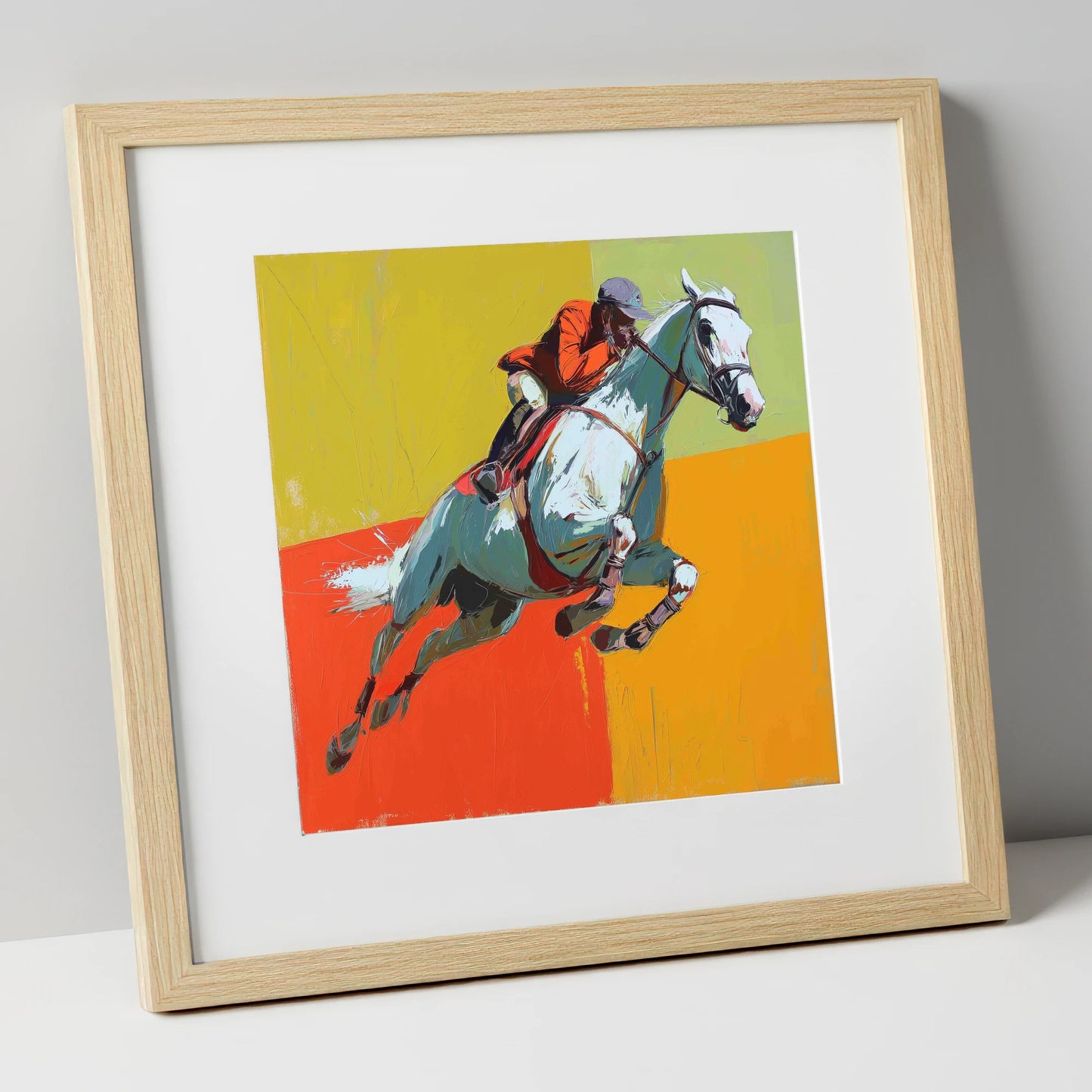 Momentum In Colour show jumping horse art print in natural frame
