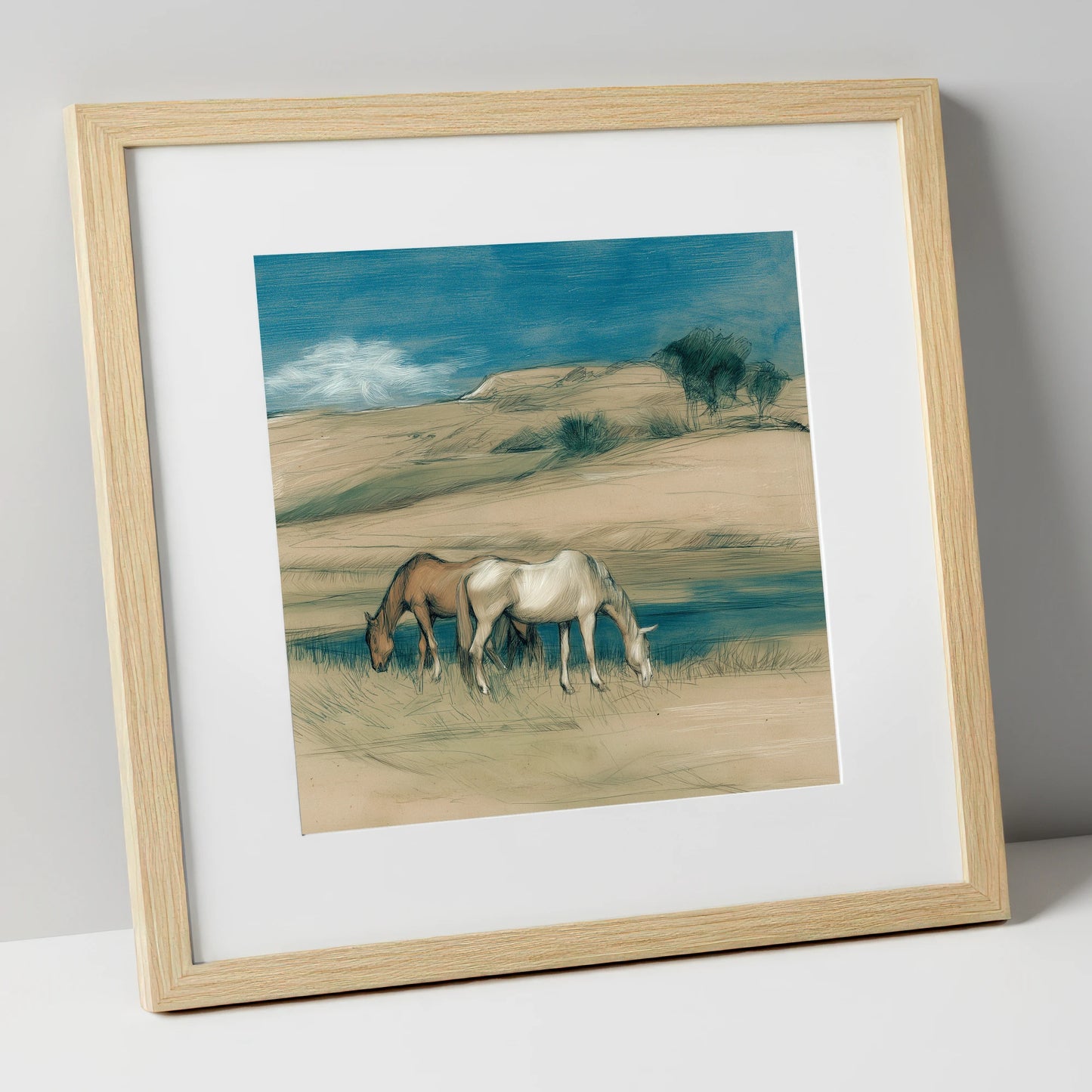 Quiet Companions horse landscape art print in natural frame