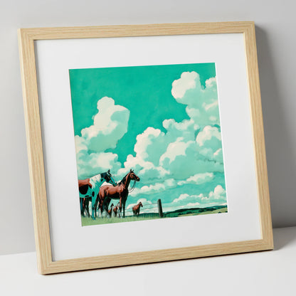 Turquoise Sky Herd horse landscape art print in natural frame