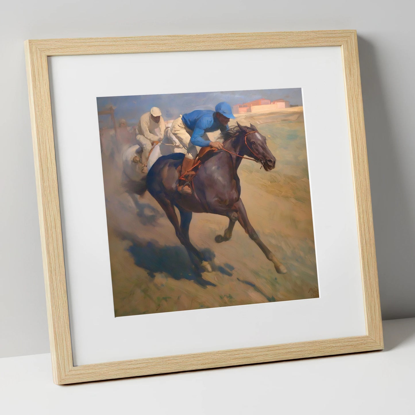 The Final Furlong racing horse art print in natural frame