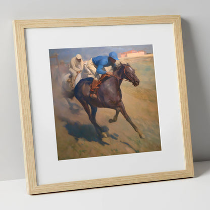 The Final Furlong racing horse art print in natural frame