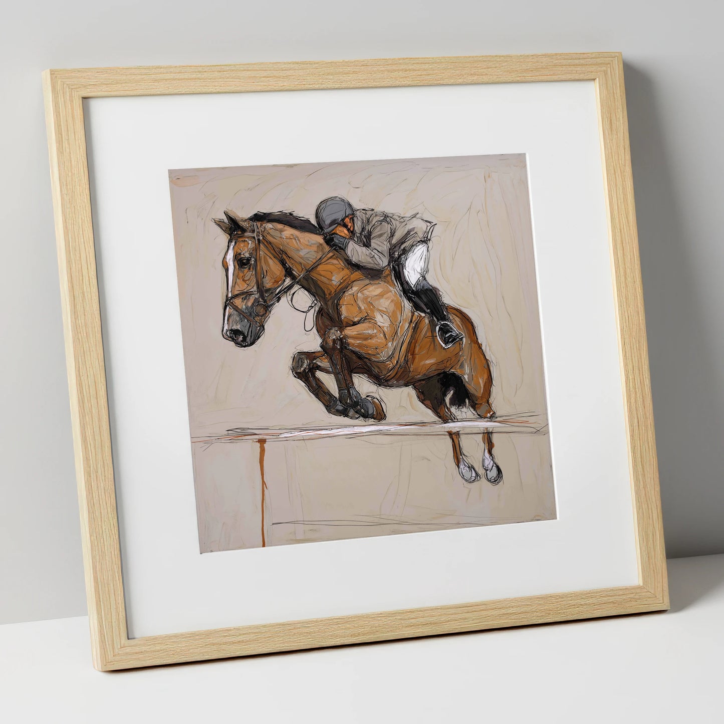 Airborne Precision show jumping horse art print in natural frame