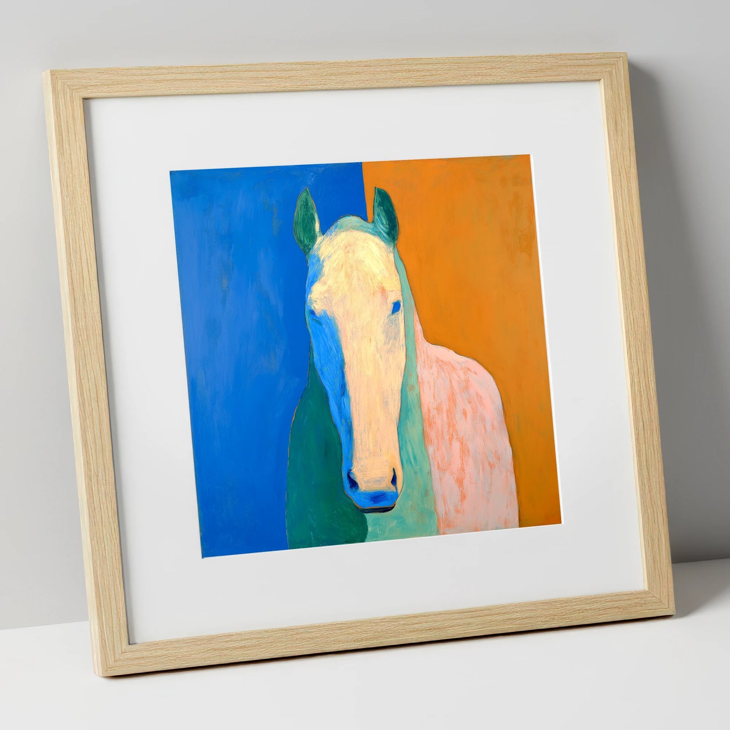 Cobalt And Clay Equine horse portrait art print in natural frame