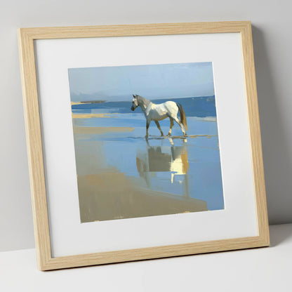 Shoreline Reflection horse landscape art print in natural frame