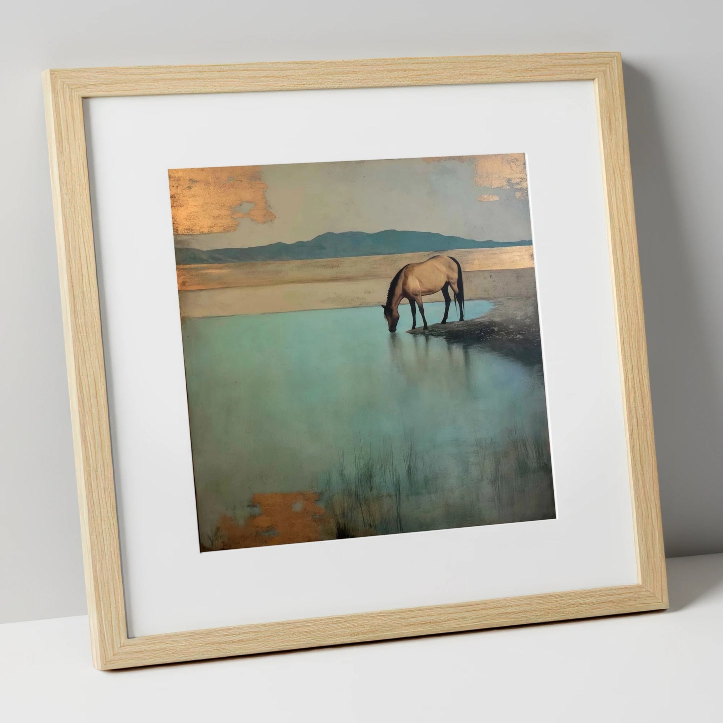 Gilded Solitude at Dusk horse landscape art print in natural frame