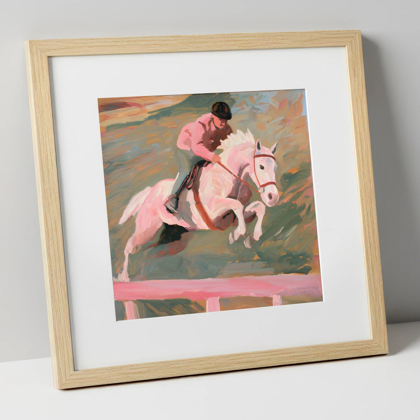 Airborne in Pastel show jumping horse art print in natural frame