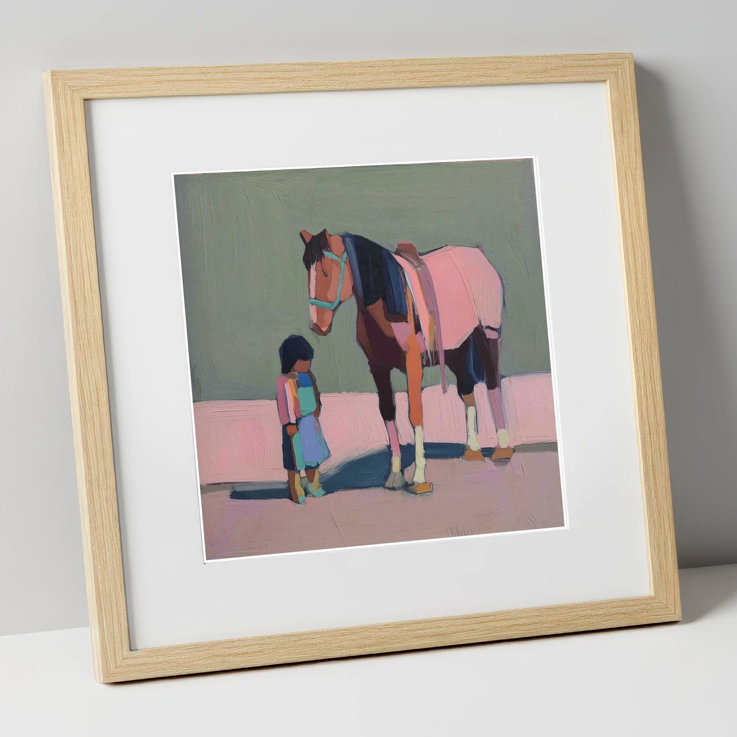 Quiet Connection horse & rider art print in natural frame