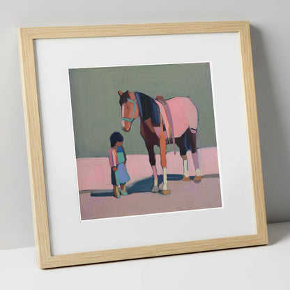 Quiet Connection horse & rider art print in natural frame