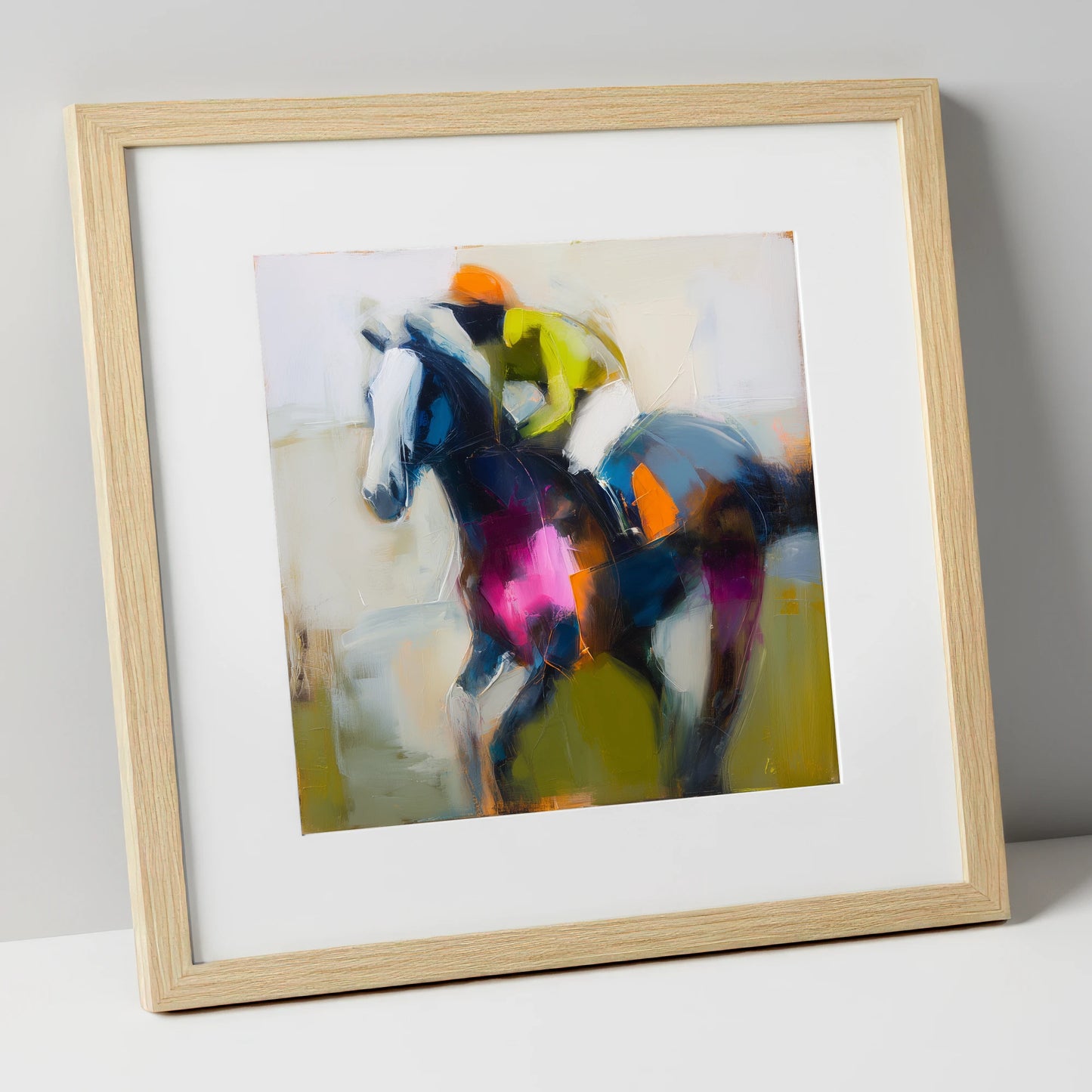 Bold Momentum racing horse art print in natural frame