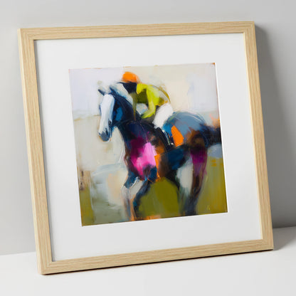 Bold Momentum racing horse art print in natural frame