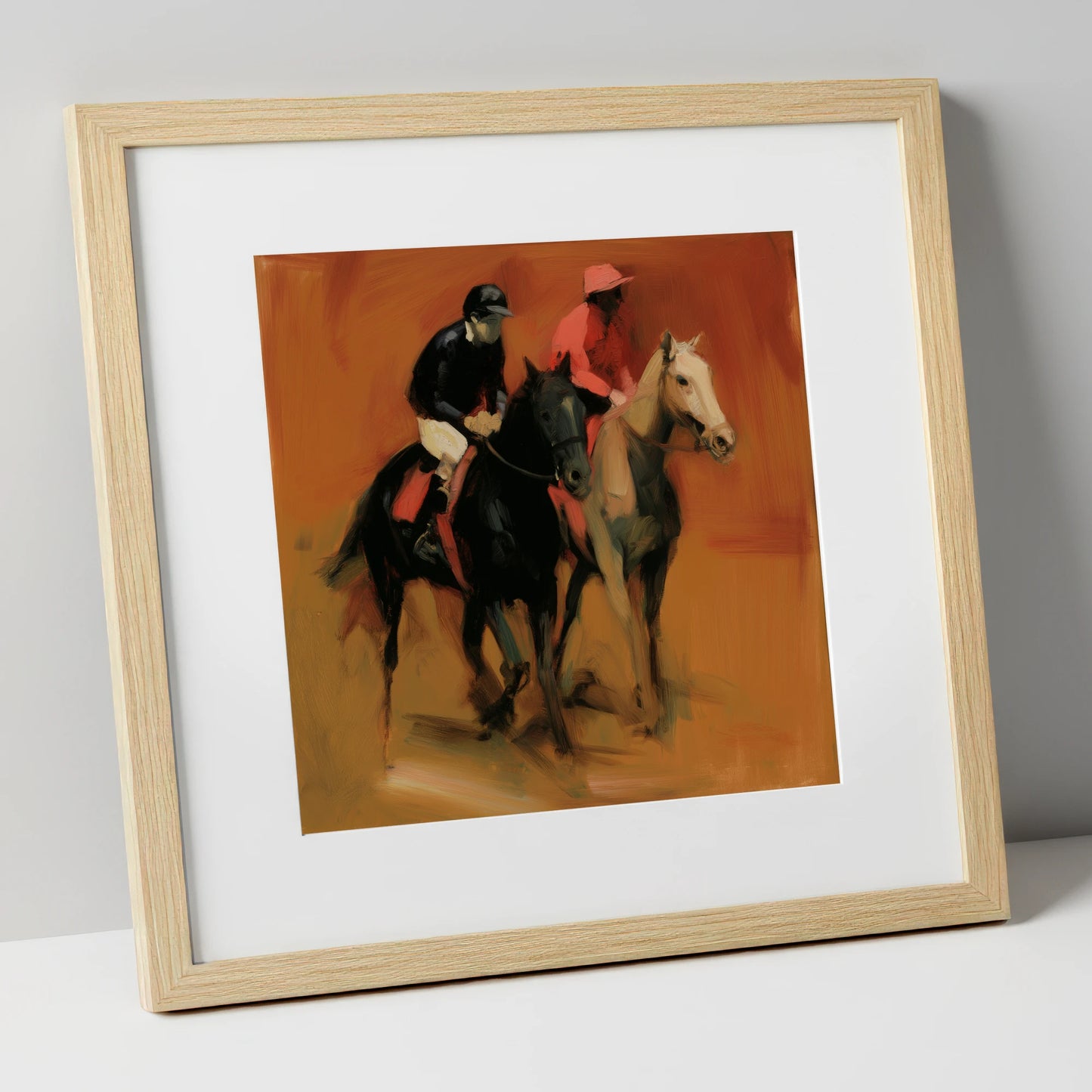 Towards the Start racing horse art print in natural frame