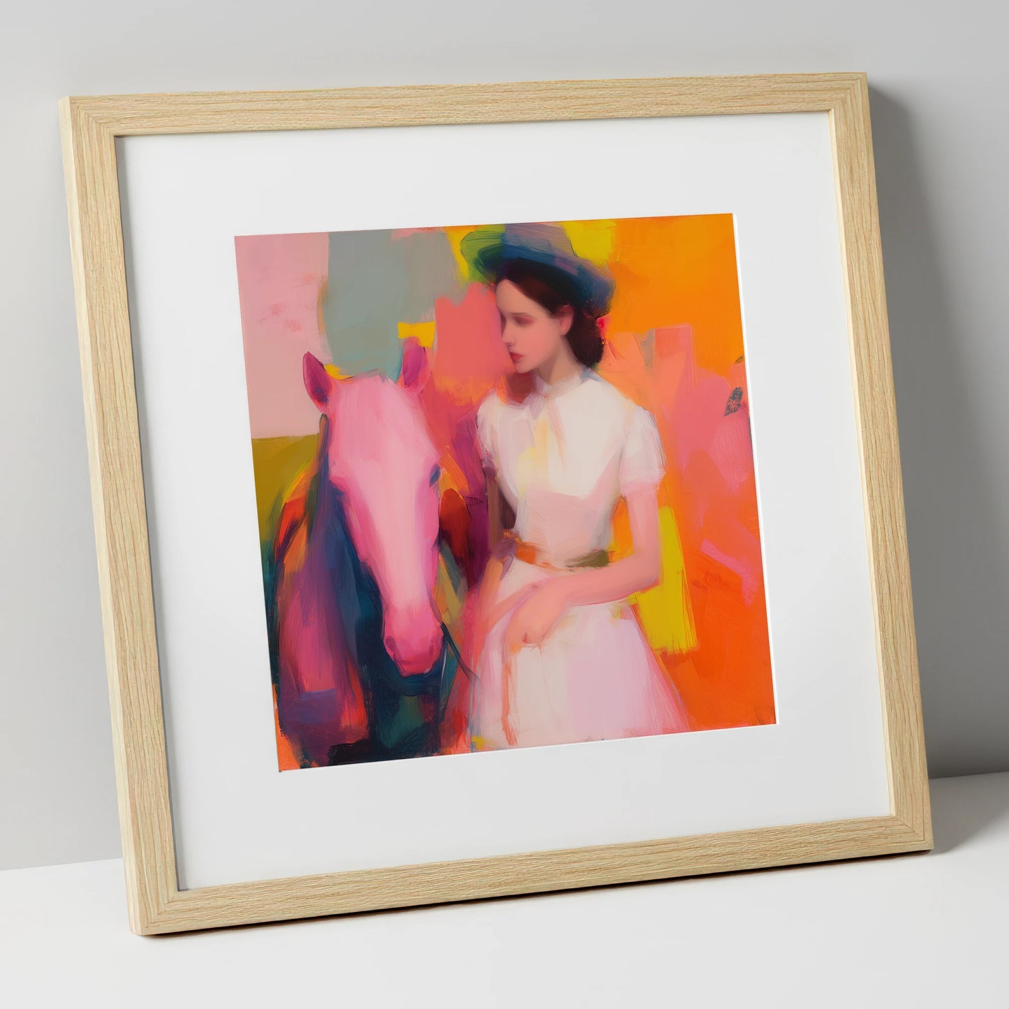 The Vibrant Companion horse & rider art print in natural frame