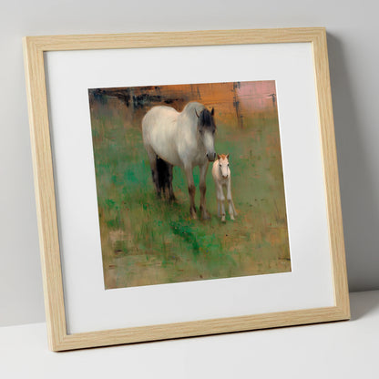 Quiet Pasture Companions mare & foal art print in natural frame