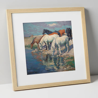 The Watering Hole wild horses art print in natural frame