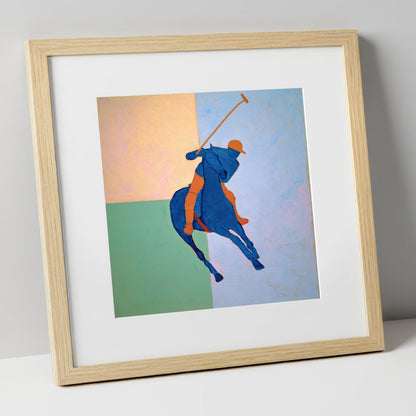 Cobalt Polo Swing polo horse art print in natural frame
