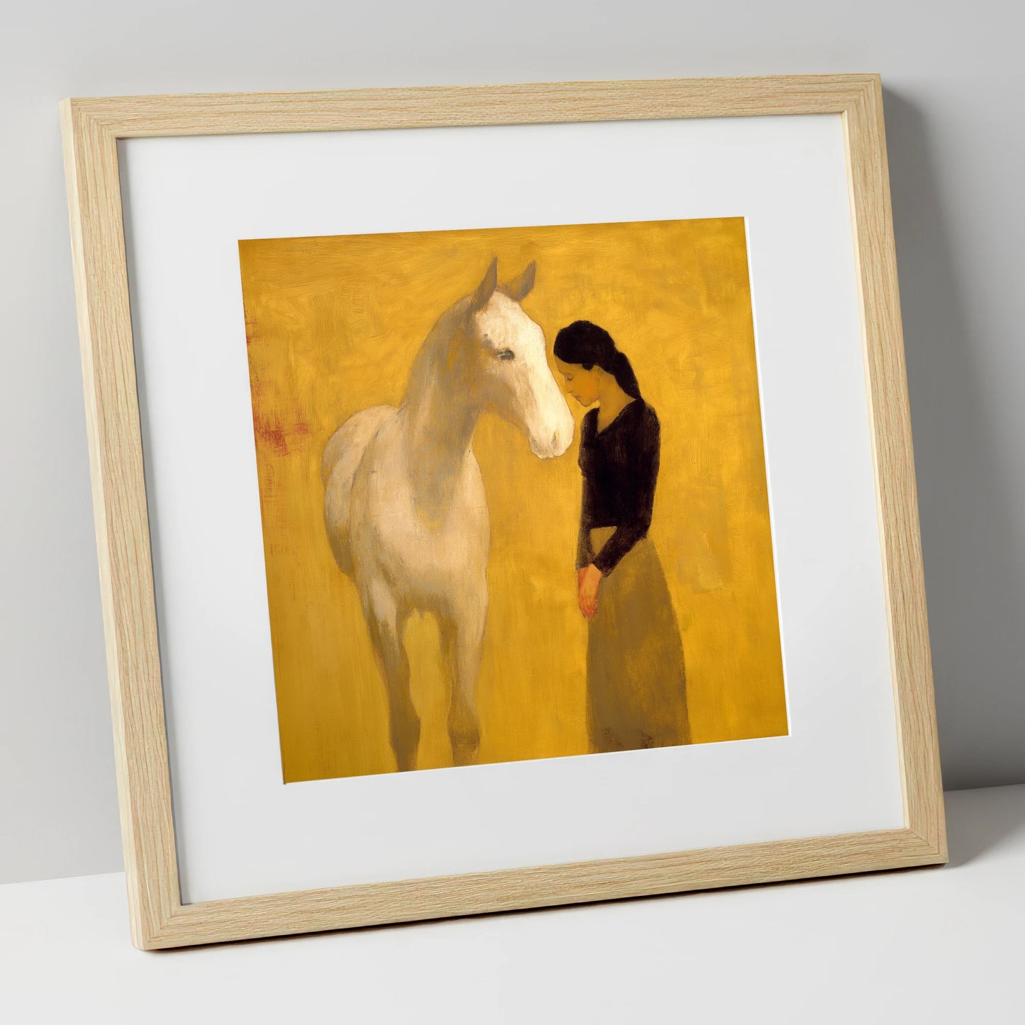 A Silent Understanding horse & rider art print in natural frame