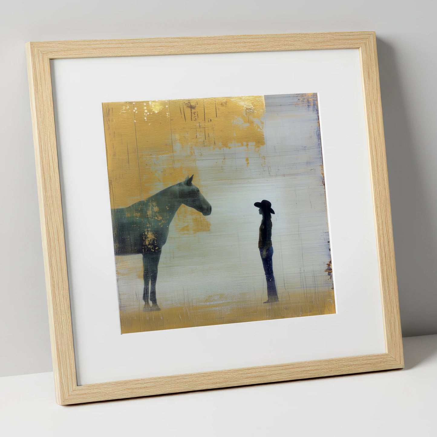 Golden Western Silhouette western horse art print in natural frame