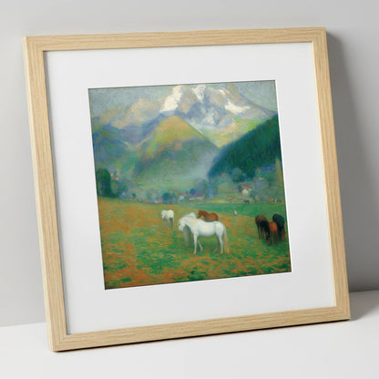 Luminous Mountain Pastures horse landscape art print in natural frame