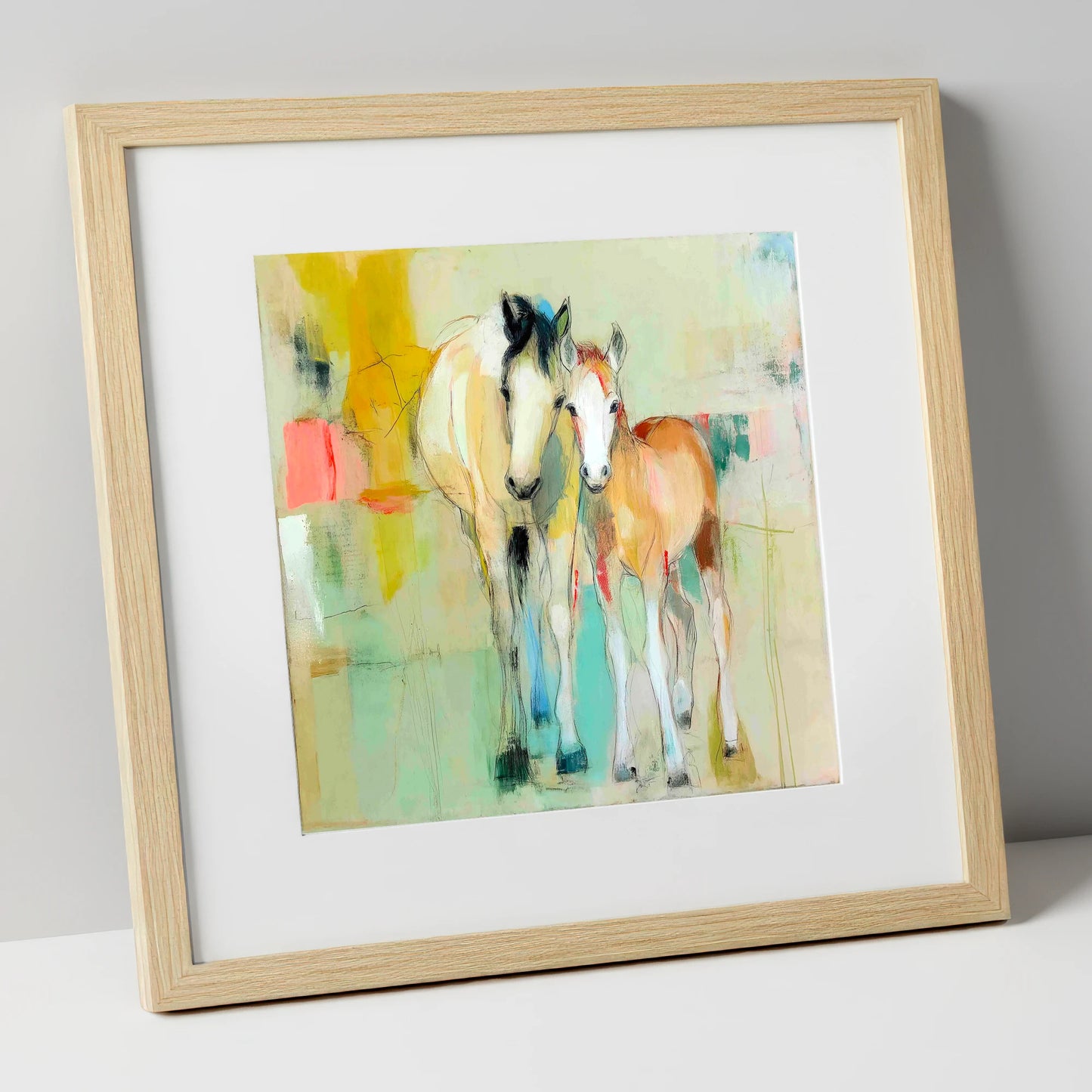 Gentle Nurture mare & foal art print in natural frame