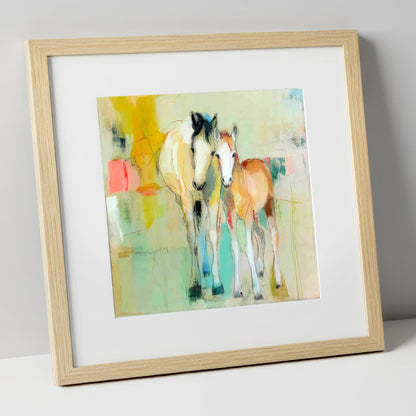 Gentle Nurture mare & foal art print in natural frame
