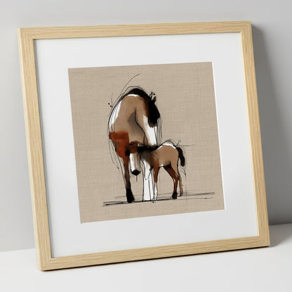Tender Sepia Bond mare & foal art print in natural frame