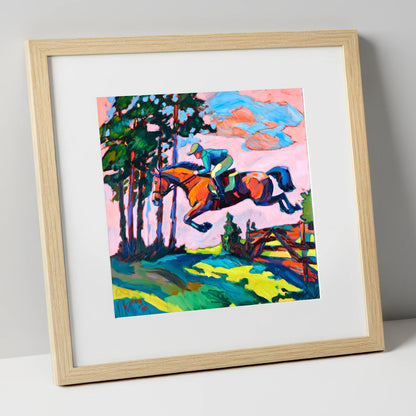 Vibrant Cross Country Leap show jumping horse art print in natural frame